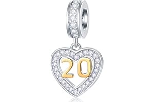 GLOWDAS 10 11 à 21 22 23 24 25 28 30 33 35 40 45 50 55 60 65 70 75 80 charms anniversaire, fit bracelet/collier birthday européen, numéro d'or pendentif coeur en argent sterling 925 avec cz, pour femme/homme