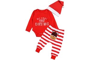 Wexuua My First Christmas Baby Mädchen Jungen Roter Strampler mit gestreifter Hose und Hut 3-teiliges Neugeborenen-Outfit-Set