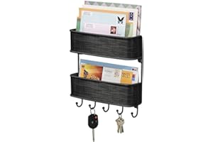 mDesign Letter Tray and Keys Holder- Neat Storage of Keys, Letters, Brochures in Two Baskets - Entrance Area Organizer, Key Wall Hooks with Storage - Colour: Black