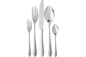 WMF Sitello Besteck Set 12 Personen, Cromargan, Essbesteck Set 60 teilig, Monobloc-Messer, Cromargan Edelstahl poliert, Hammerschlag, ergonomisch, glänzend, spülmaschinengeeignet, silber
