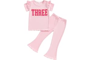 MAHUAOYIXI Baby Girl 2Pcs Birthday Outfits Short Sleeve Letter Embroidery Tops + Flare Pants Set Toddler Girls Clothes Girls Birthday Clothing Set