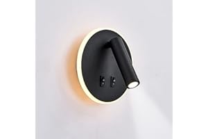 Lampa ścienna uksunvi LED, lampa ścienna do czytania nocnego, 12W lampy do czytania ścienne LED, regulowane reflektory (3W +9W 3000K ciepłe światło) czarne (czarny okrągły kształt)