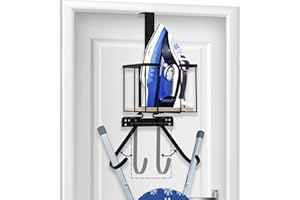 Aqash Ironing Board Hanger Over Door - Iron Holder Ironing Board Hanger Shelf Laundry Room Organization with Metal Iron Board Holder Wood Base n Adjustable Hooks for Y T Shape Legs