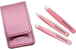 ‎TWEEZERMAN TWEEZERMAN Zestaw mikro mini pęsety (3 sztuki, podróżna pęseta do brwi, końcówka prosta, skośna i precyzyjna), różowy