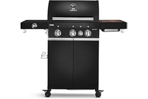 BURNHARD® Gasgrill 3-Brenner inkl. BACKBURNER, 900°C Infrarot-Keramikbrenner, Seitenkochfeld, Gusseisen-Grillrost, Grillabdeckung, Grillwagen, klappbare Seitentische, Schwarz – FRED Deluxe