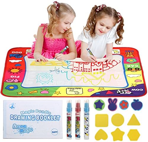 Water Doodle Mat Magic Doodle Drawing Board Large for Kids Writing Painting Drawing, with 3 Magic Pens &amp; 7 Eva Stamps &amp; 1 Booklet, Best Gift for Kid Birthday