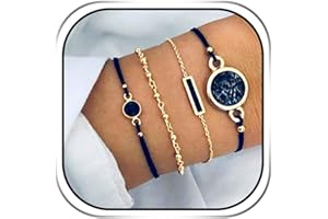 Edary Lot de 4 bracelets bohèmes superposés en cristal noir avec perles dorées et chaîne de main empilables faits à la main pour femmes et filles