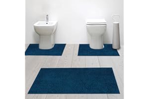 GENERICO Susanna Home – Set 3 Tappeti da Bagno in Microfibra Shaggy Antiscivolo, Tappeto Rettangolare, Giro Water e Giro Bidet, Super Assorbente, Morbido e Lavabile - Disponibile in Diversi Colori (PETROLIO)
