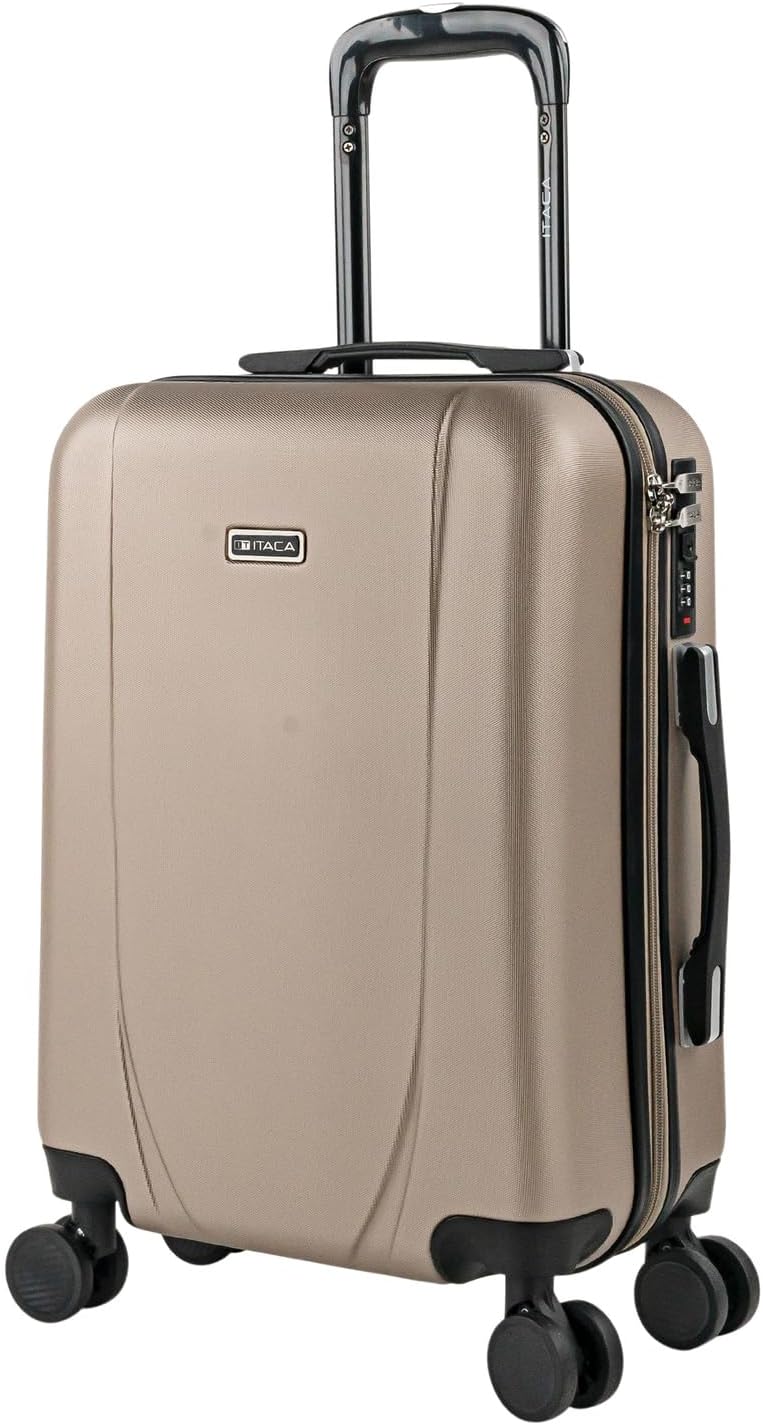 ITACA - Maleta de Cabina 55x40x20 - Maletas De Viaje Cabina Rígidas Trolley con 4 Ruedas Dobles para Avion Ligera Equipaje De Mano Candado de Combinación. Compatible Ryanair, Champagne