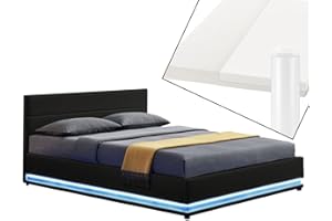 ‎JUSKYS Juskys Polsterbett Toulouse 180x200 cm - Bett mit Matratze, Lattenrost, Kopfteil, LED & Stauraum - Modernes Bettgestell - Bezug Kunstleder in Schwarz