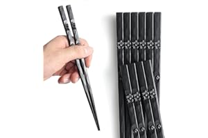 AOOSY 5 pares de palillos de fibra de vidrio aptos para lavavajillas, estilo japonés Hermoso patrón Palillos antideslizantes de sushi negro Palillos de aleación negra con caja de regalo