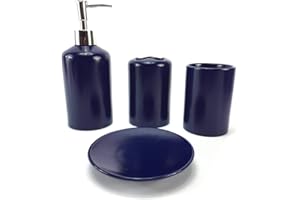 WPM WORLD PRODUCTS MART WPM 4 Piece Ceramic Bathroom Accessories Set - Navy - Our Complete Bath Decor Kit Includes Designer Soap or Lotion Dispenser - Toothbrush Holder - Tumbler - Soap Dish (Navy)