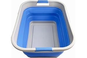 SAMMART Cesta plegable de plástico para la ropa sucia de 41 L (10.8 galones), contenedor de almacenamiento plegable y organizador, tina portátil, ahorra espacio (gris/azul niño pequeño, rectangular)