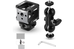 UTEBIT Triple Cold Shoe Mount mit Kamera Blitzschuh Adapter, 360° Drehbarer Dual Kugelkopf Magic Arm und 1/4"-20 Gewinde Dreifach Kaltschuhhalterung für Monitor, Mikrofon, LED Blitzlicht