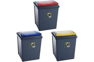WHATMORE Pack of 3 Recycling Bins 50L 50 Litre Plastic Recycle Dust Bin Kitchen Garden (Red/Yellow/Blue)