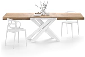 Mobili Fiver, Tavolo Allungabile Emma 160(240) x90 cm, Rovere Rustico con Gambe Incrociate Bianche, per 6-10 persone, Tavolo Cucina, Soggiorno, Made in Italy