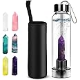 JHuuu Crystal Glass Water Bottle, Includes Protective Sleeve and Removable Crystal Quartz, Healing Natural Quartz Water Bottle BPA and BPS Free Durable, Portable Leak Proof Gemstone Bottle 550ml