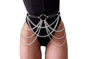 Flovel Punk Black Leather Body Chain Multilayered Waist Chains Belly Body Chains Rave Body Chain Jewelry for Women and Girls