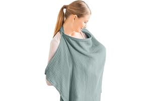 Aolso Maternity Cover, Muslin Cotton Soft Breathable Nursing Cover, Adjustable Strap Breast Feeding Jumpsuit for Car Seat Blanket and Stroller Jumpsuit (Green)
