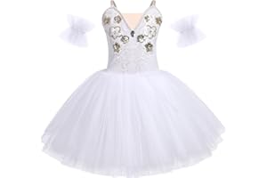OBEEII Fille Ballet Danse Robe Spaghetti Straps Décalcomanie Brodée Tutu Justaucorps Classique Gymnastique Léotard Costume avec Brassard
