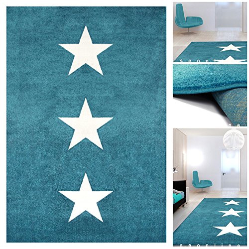 Wohnzimmer Teppich Blau Weiss mit Sternen | Teppiche m. ÖKO-TEX geeignet fürs Kinderzimmer oder Babyzimmer | Flache Kurzflor Läufer für Teenager Jugendzimmer mit Stern-Motiv, Größe:160x230 cm