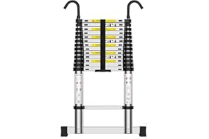 Teenza échelle Télescopique 4,1m, échelle Pliante en Aluminium avec Crochets, Hauteur Réglable, Charge Max 150kg, pour L'entretien de La Maison, Le Garage, Le Camping Etc.