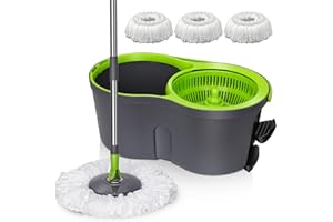 MASTERTOP Mop and Buckets Sets, Spin Mop and Buckets with 3 Reusable Pads, 9.8L Hands Free Mops Bucket with Foot Pedal and Wringer, Spinning Mops Set for Cleaning Floors - Grey, 43x25x131cm