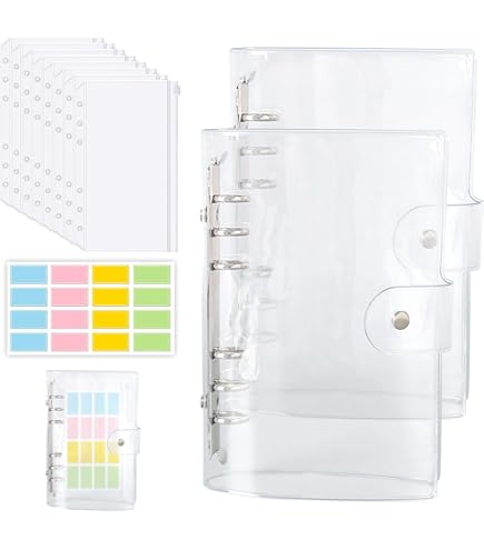 SKTMH Lot De 4 Classeurs A5 En PVC Transparent à 6 Anneaux - Couvertures De Reliure Rechargeables à Anneaux Ronds Avec Fermeture à Bouton-pression - Couverture Transparente Pour Carnets De Notes - 14