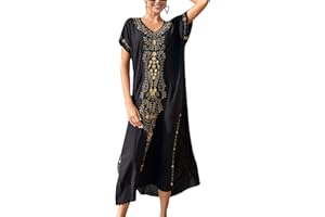 JENJON Donna Corta Manica Cover Up Caftano Floreale Ricamato Laterale Diviso Vestito da Spiaggia Abiti