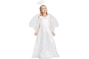 IKALI Angel Costume Kids Christmas Nativity Fancy Dress Outfit Girls Role-play White Angel Dress for Christmas Party with Wing 4-12Y