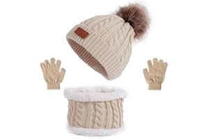 TBSCWYF Gorro de Punto Invierno Térmico con Guantes y Bufanda Forro Polar Niños Set Beanie Gorro Sombrero de Punto Invierno Cálido con Pompon para Niños Niñas