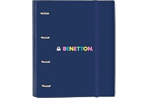 Safta BENETTON COOL - Carpeta 4 Anillas de 35 cm con 100 Hojas A4, Ideal para Niños de Diferentes Edades, Cómoda y Versátil, Calidad y Resistencia, 27x3.5x32 cm, Color Azul Marino