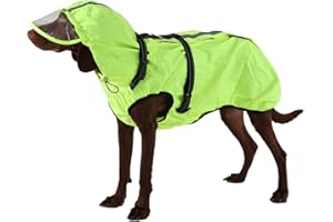 OUOBOB Hunderegenmantel wasserdicht, Regenjacke mit reflektierenden Streifen, H-Brustgeschirr (D-Ring) & Abnehmbarer Kapuze mit Visier, Ideal für mittelgroße/große Hunde [Neon Grün, Größe 2XL]