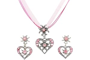 Lucktao 3 Stück Trachtenschmuck Damen Pink schmuck Trachtenkette,Strass Edelweiß Herz Anhänger,Edelweiß Ohrstecker vielen Farben Anhänger Trachtenschmuck Kette für Dirndl und Lederhose Damen