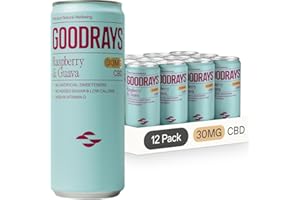 GOODRAYS CBD Drinks, Sparkling Low Calorie Soft Drink, Natural Sleep Stress and Anxiety Relief, Vegan, Raspberry & Guava, 12 x 250ml Cans, Packaging May Vary