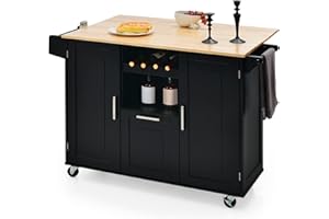 KOMFOTTEU Carro de Cocina con Ruedas, Isla de Cocina con Encimera de Madera Abatible, Carrito Auxiliar con Cajón, Portabotellas, 2 Armario de Puerta y Toallero, 130 x 45 x 90 cm (Negro)