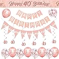 40th Birthday Decorations for Women-Rose Gold 40th Birthday Banners for Her,40th Party Decor Happy 40th Birthday Banner Bunting Foil Hanging Swirls Triangle Flags Confetti Latex Balloons