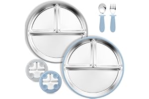 Neuytiky 2 sztuki talerzy ssących ze stali nierdzewnej i 1 opakowanie, łyżki i widelce, silikonowe, antypoślizgowe, zestaw do karmienia niemowląt, talerze dla niemowląt z przyssawką, nie zawierają BPA