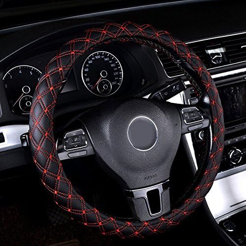 Odorless Quilted Stitching Pattern Leather Car Steering Wheel Cover-black with red