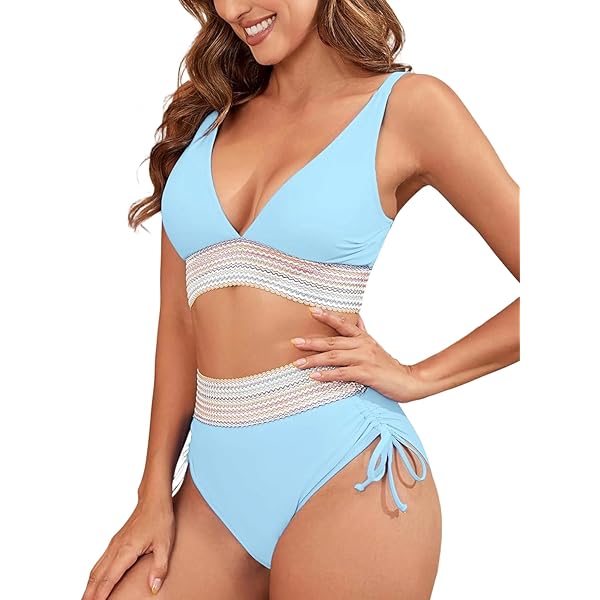 Hanaoops Badpak voor dames, push-up, gevoerde beha, bikini, V-hals, badpak, hoge taille, buikcontrole, ruches, sexy, tweedelig, verstelbare bikiniset, Beige, L