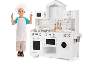 RELAX4LIFE Cucina Legno per Bambini, Set da Cucina Ben Attrezzato con Microonde, Forno, Lavatrice, Giocattolo Educativo per Bambini 3+ Anni