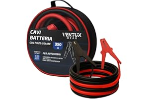 VENTUX GEAR Cavi di avviamento batteria auto professionali || 350A - 3.5mt.|| Realizzati con rame puro e rivestiti in PVC resistente agli agenti atmosferici || Pinze isolate e protezione polarità inversa.