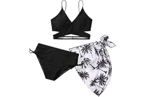 Naiyafly Girls' 3-Piece Swimsuits Bikini Set with Criss Cross Back, Adjustable Straps, Floral Print, Red, Blue, Green, Sizes 9-13 Years