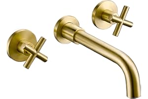 VALAZ Rubinetto Bagno Lavabo a Muro Dorato Spazzolato Protezione PVD | Rubinetto lavabo a Due Maniglie Acqua Fredda e Calda | Installazione Facile | Ottone, Inox, Inossidabile, Becco 21cm, Serie Nalon