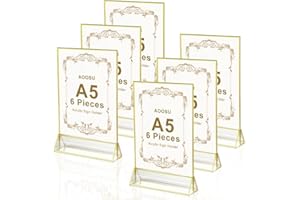 AOOSU Supporti per Cartelli in Acrilico A5, 6 Pezzi Espositore da Tavolo, Espositore Plexiglass di T Bordo Dorato Verticale, Porta Menu per Ristoranti Hotel Negozio Ufficio