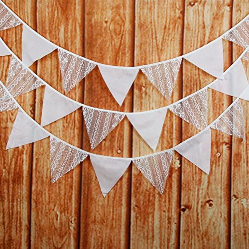 Pennant Bunting Banners,3.2m sides vertical stripe lace cotton fabric triangle flag for Indoor/Outdoor Children Birthday Parties Supplies, Wedding, Engagement Christmas Halloween Thanksgiving Festivals Decorations,2pcs