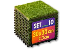 MOHOME Piastrelle Erba Sintetica Esterno Interno Set da 10 Prato Artificiale Incastro Drenaggio Acqua 30 x 30 x 3,2 cm Realistico Pavimento Morbido Terrazza Patio Giardino Balcone Bordo Piscina