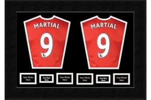 KWIK PICTURE FRAMING LTD READY MADE Dual FRAME FOR 2 SIGNED SHIRTS WITH FRONT MOUNT | Display Football, Rugby, Cricket T-shirt with 4 opening for Photos and 2 opening for Message, Fits 2 Shirts | Black Mount and Black Frame
