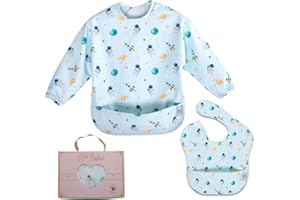 Belea - Baberos Bebe Impermeables - PACK 1 Babero con Mangas Impermeable + 1 Babero Impermeable sin Mangas - Babero BLW para Baby Led Weaning | Babero BLW | Fácil Limpieza | Regalo bebe 6 meses