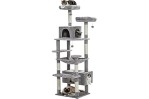 PAWZ Road Cat Tree for Large Cats 184cm, 6.1ft Large Cat Tower with Sisal-Covered Scratching Posts and Pads, 2 Padded Perch, Dual Condo and Basket for Indoor Cats-Grey, 72.4 Inches